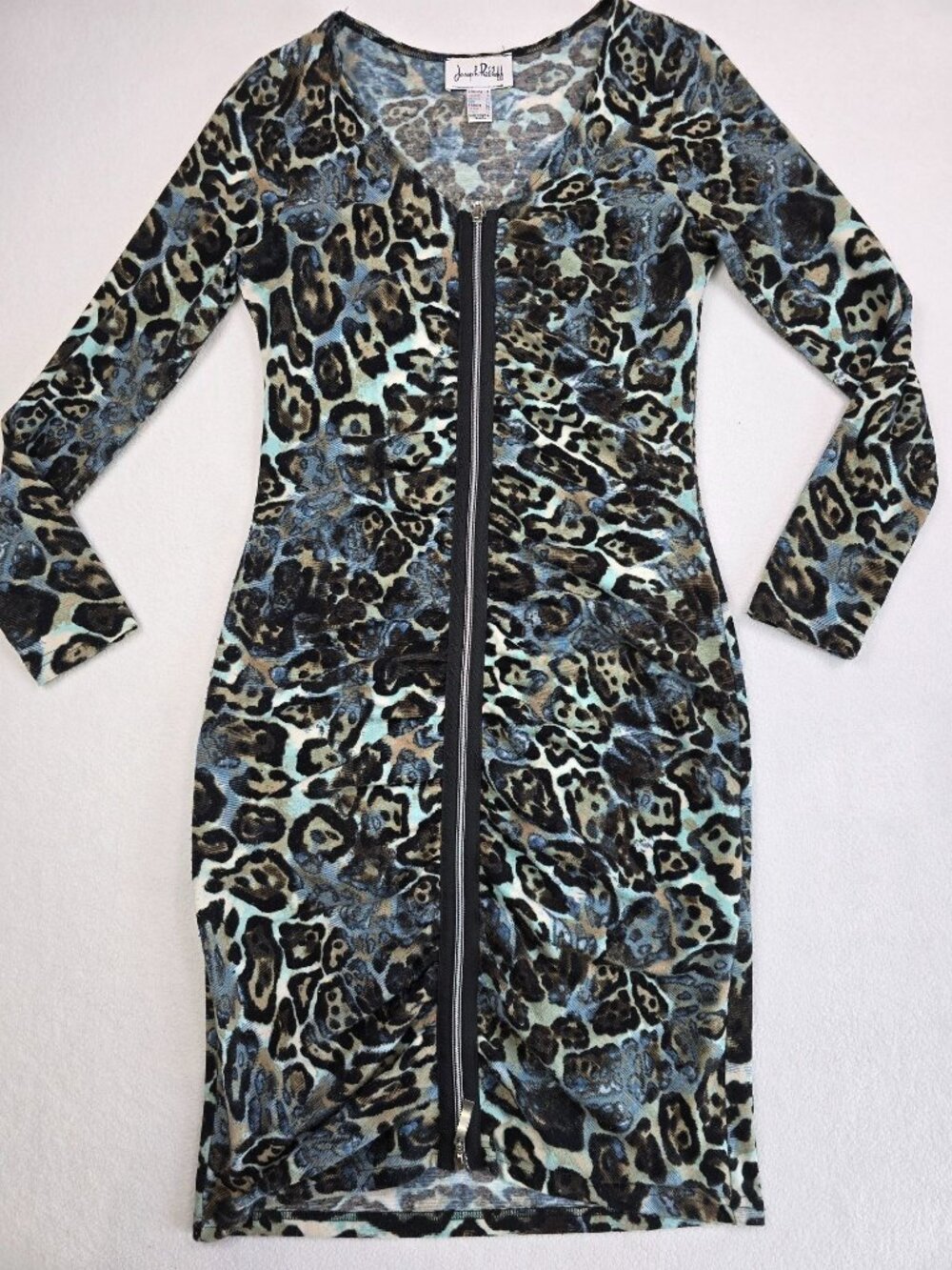 Joseph Ribkoff Blue Leopard Animal Print Long Sleeve Sheath Dress Zipper Small 6